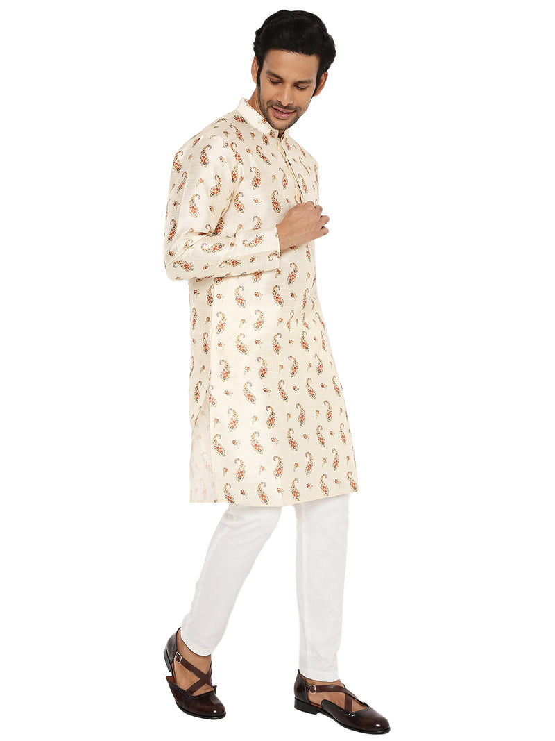 Cross view of Be Desi men's printed kurta paisley print ivory cream color