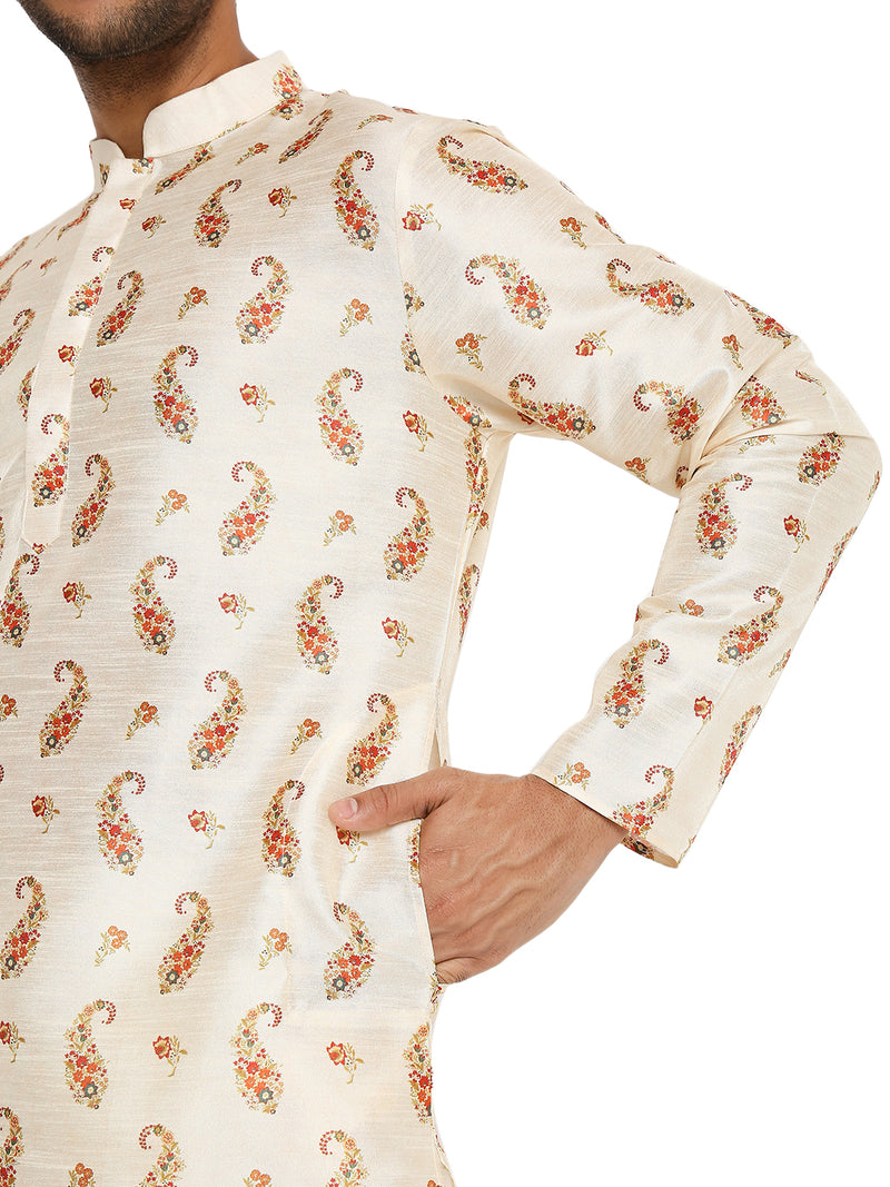 Close up of Be Desi men's paisley print silk kurta in cream color