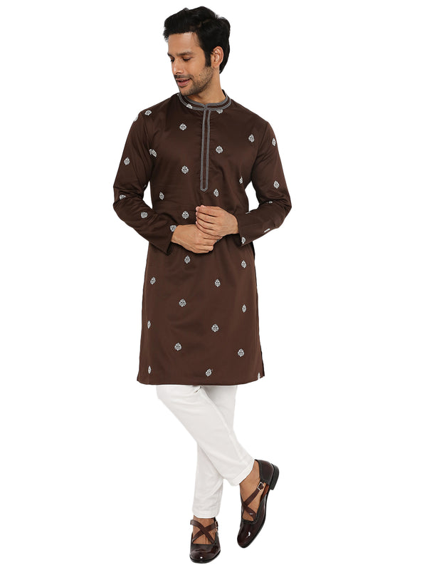 COAL BROWN SATIN EMBRIODERED KURTA WITH NECK DETAILING