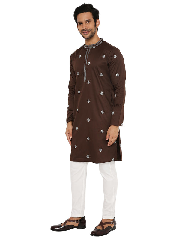 COAL BROWN SATIN EMBRIODERED KURTA WITH NECK DETAILING