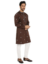COAL BROWN SATIN EMBRIODERED KURTA WITH NECK DETAILING