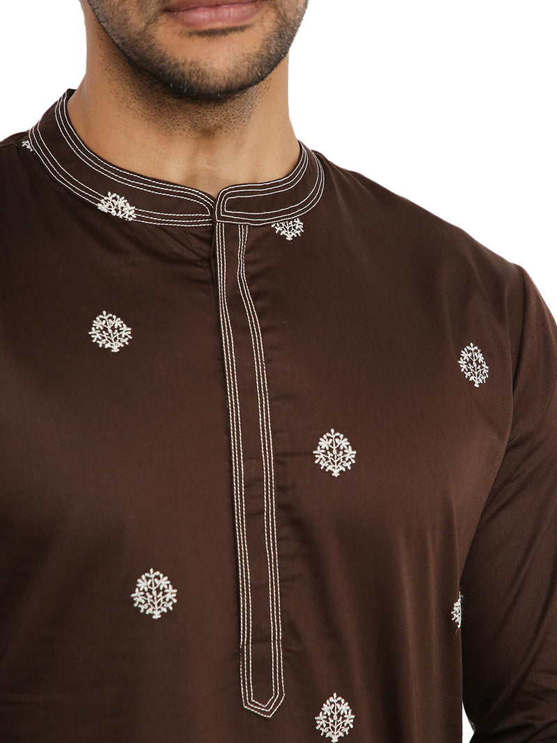 COAL BROWN SATIN EMBRIODERED KURTA WITH NECK DETAILING