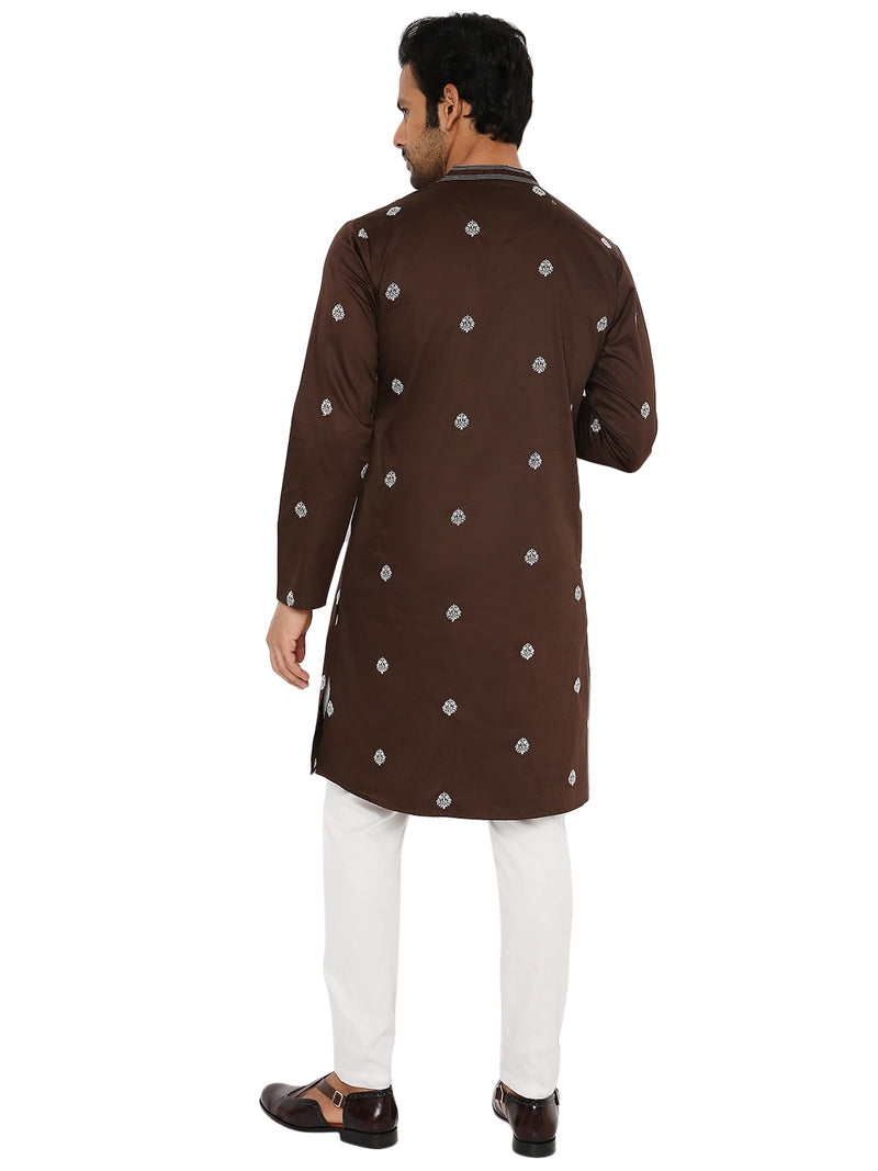 COAL BROWN SATIN EMBRIODERED KURTA WITH NECK DETAILING