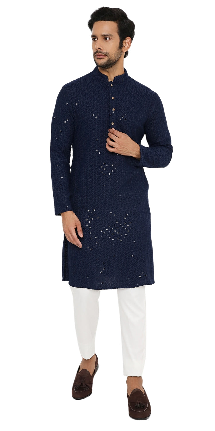 ULTRAMARINE BLUE SEQUINS & THREAD EMBRIODERED KURTA PYJAMA SET