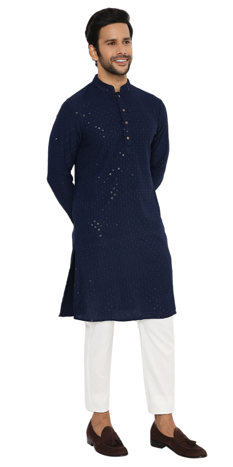ULTRAMARINE BLUE SEQUINS & THREAD EMBRIODERED KURTA PYJAMA SET