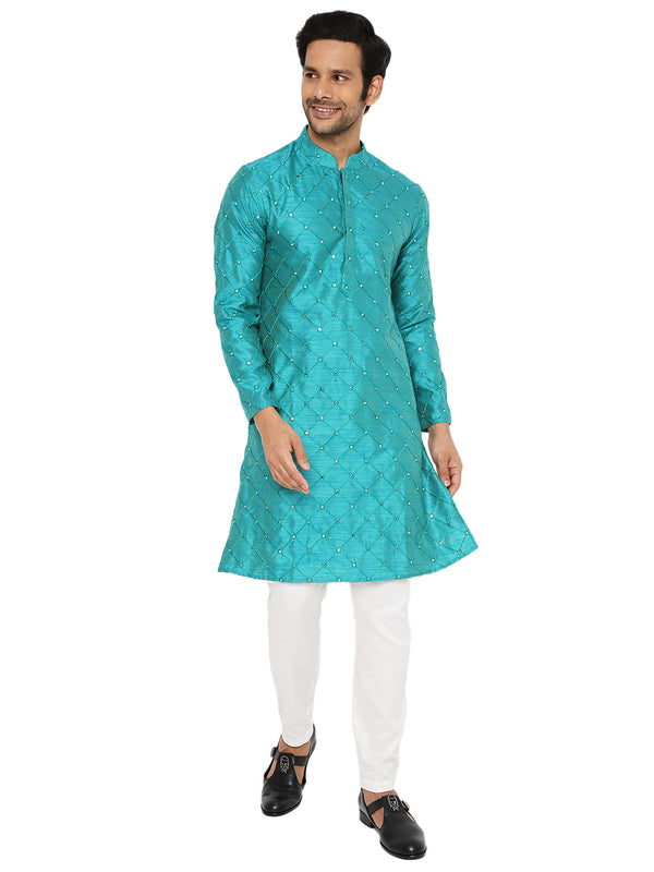 EMERALD GREEN KURTA PYJAMA SET WITH CHECKERED MIRROR ABLA EMBRIODERY