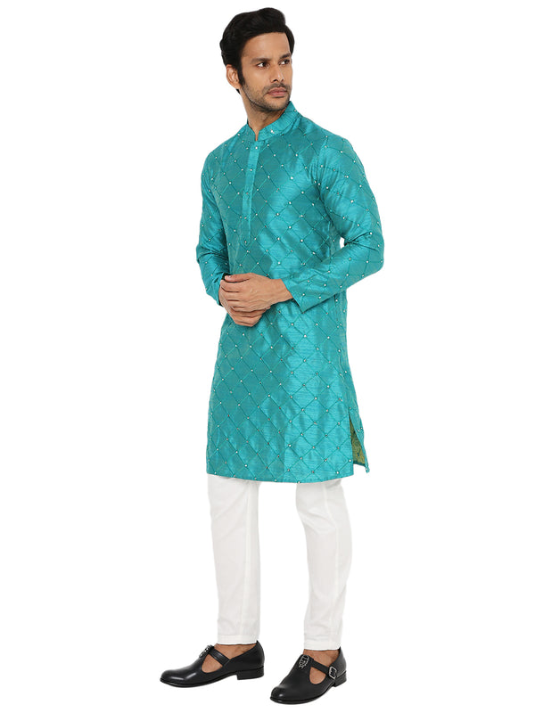 EMERALD GREEN KURTA PYJAMA SET WITH CHECKERED MIRROR ABLA EMBRIODERY