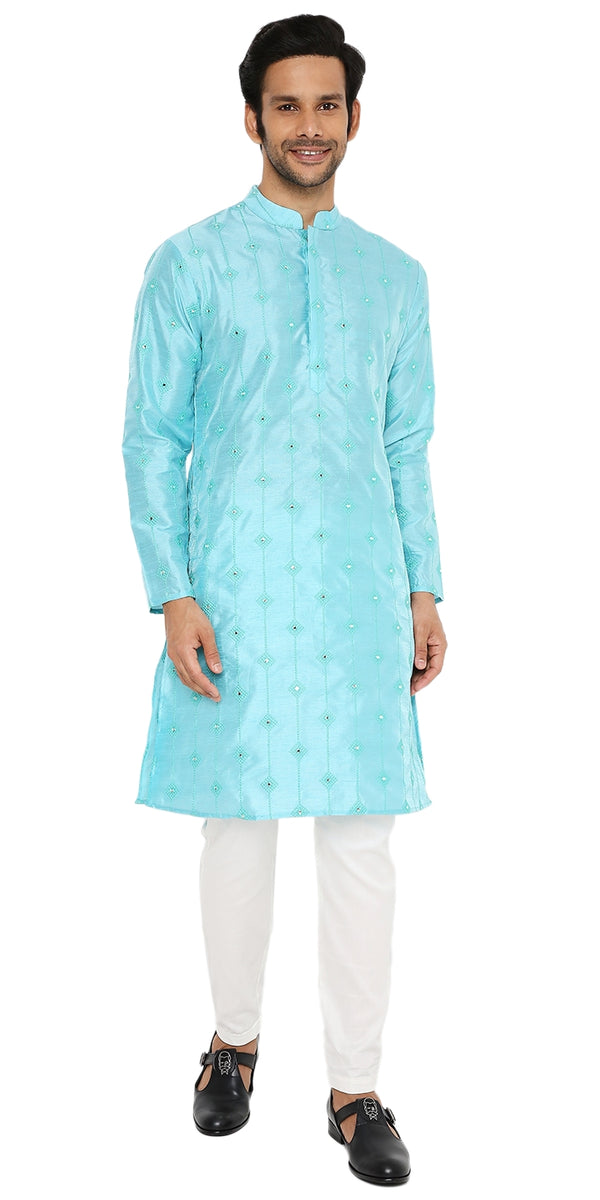 FIROZI BLUE MIRROR ABLA SILK KURTA WITH EMBROIDERY
