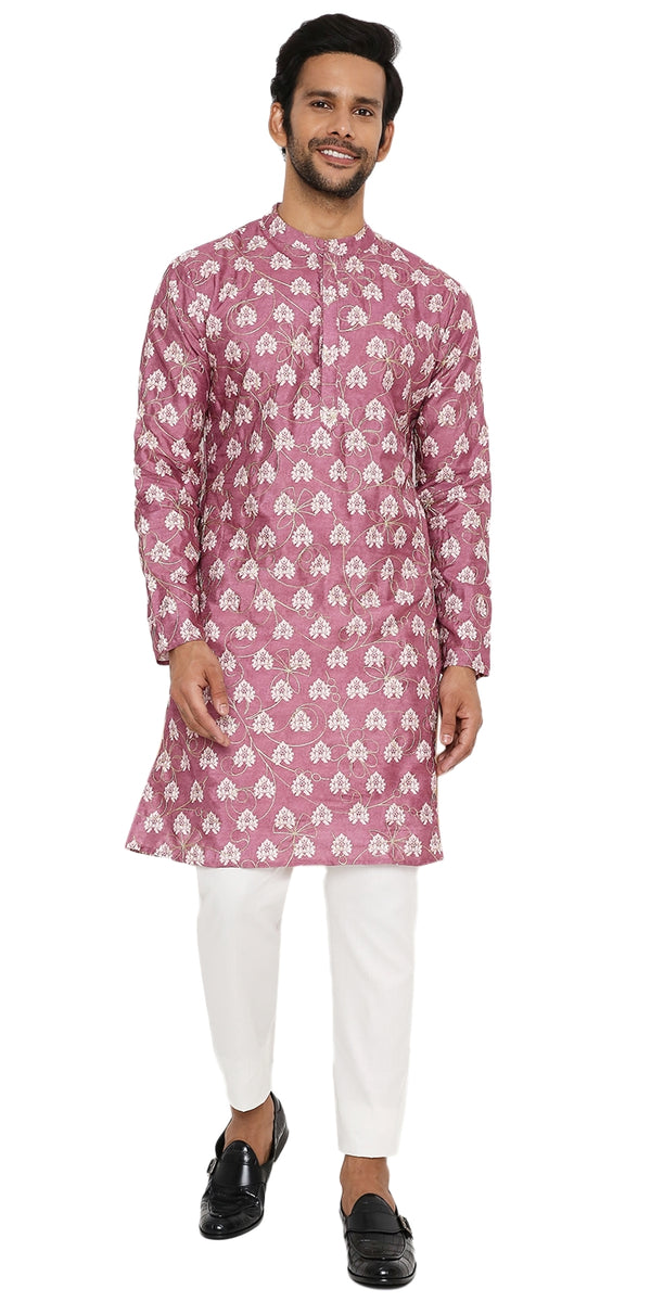 DUSTY PINK COTTON SILK KURTA PYJAMA SET WITH GOLD ZARI EMBRIODERY