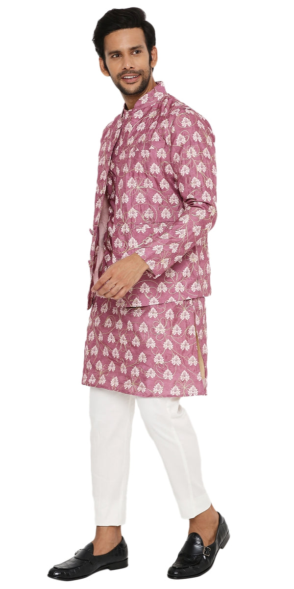 DUSTY PINK COTTON SILK KURTA 3 PC SET WITH GOLD ZARI EMBRIODERY