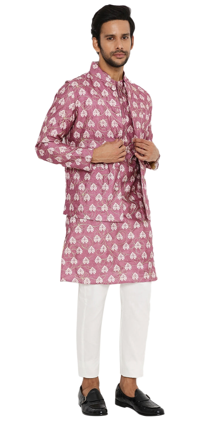 DUSTY PINK COTTON SILK KURTA 3 PC SET WITH GOLD ZARI EMBRIODERY