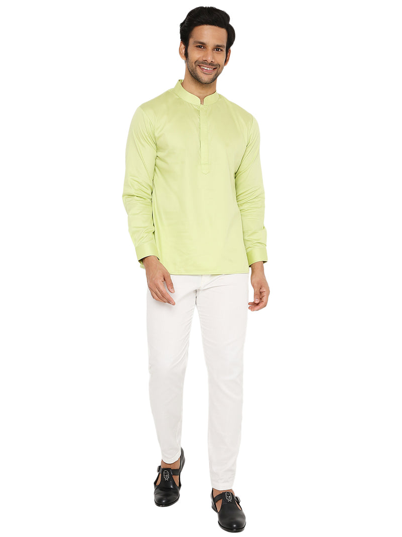 LIME GREEN SATIN COTTON SHORT KURTA WITH CUFF