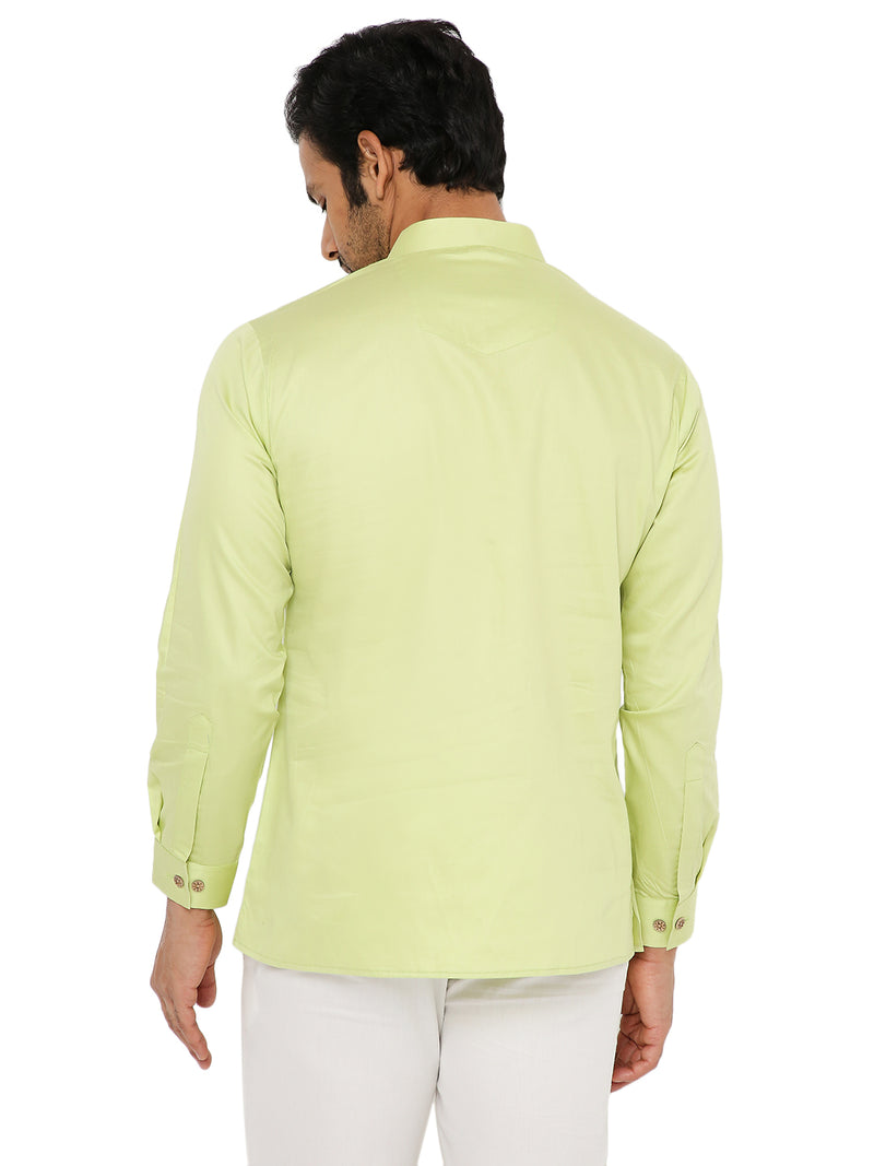 LIME GREEN SATIN COTTON SHORT KURTA WITH CUFF