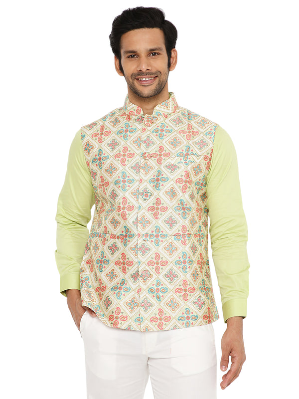 LIGHT OLIVE BANDI WITH LIME GREEN SHORT KURTA PYJAMA 3 PC SET