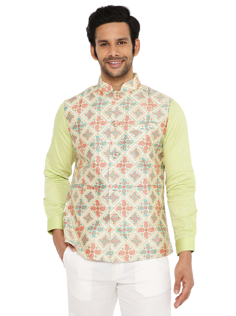 LIGHT OLIVE BANDI WITH LIME GREEN SHORT KURTA PYJAMA 3 PC SET