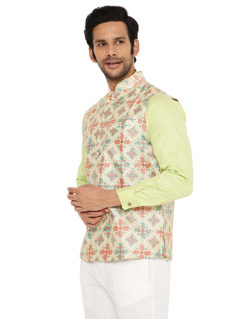 LIGHT OLIVE BANDI WITH LIME GREEN SHORT KURTA PYJAMA 3 PC SET