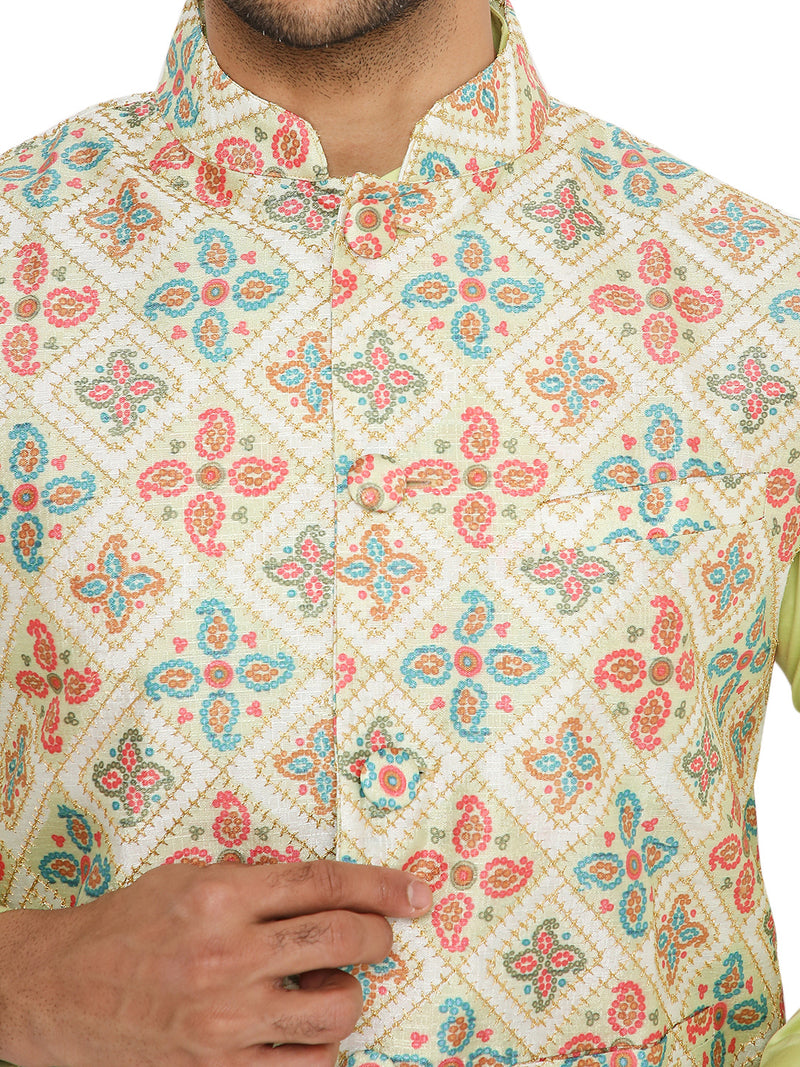 LIGHT OLIVE BANDI WITH LIME GREEN SHORT KURTA PYJAMA 3 PC SET