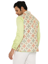 LIGHT OLIVE BANDI WITH LIME GREEN SHORT KURTA PYJAMA 3 PC SET