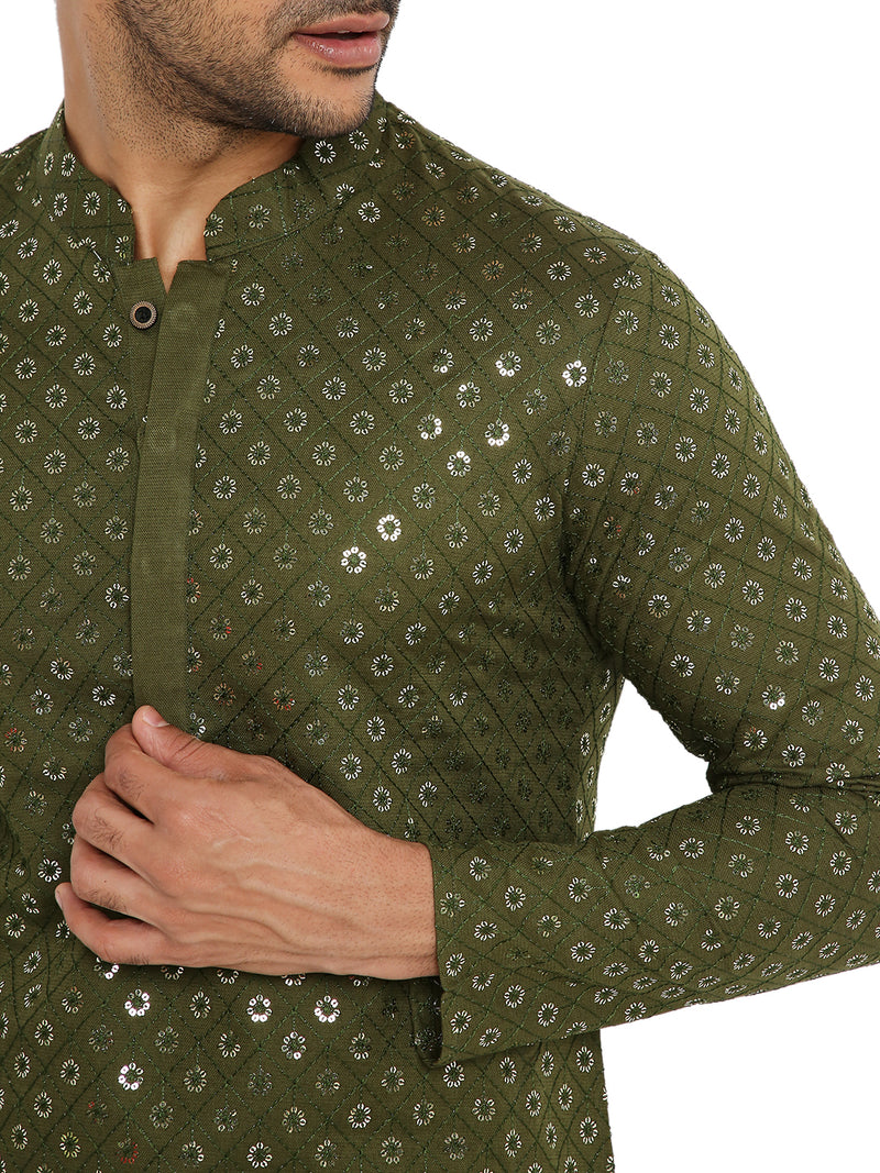 GARDEN GREEN COTTON KURTA PYJAMA SET WITH ALL OVER SEQUIN DESIGN