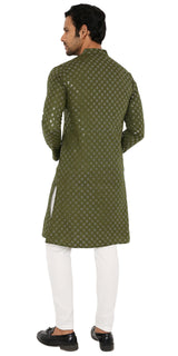 GARDEN GREEN COTTON KURTA PYJAMA SET WITH ALL OVER SEQUIN DESIGN