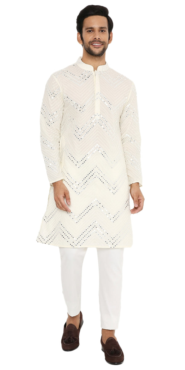 OFF WHITE KURTA PYJAMA SET WITH CHEVRON ABLA EMBRIODERY
