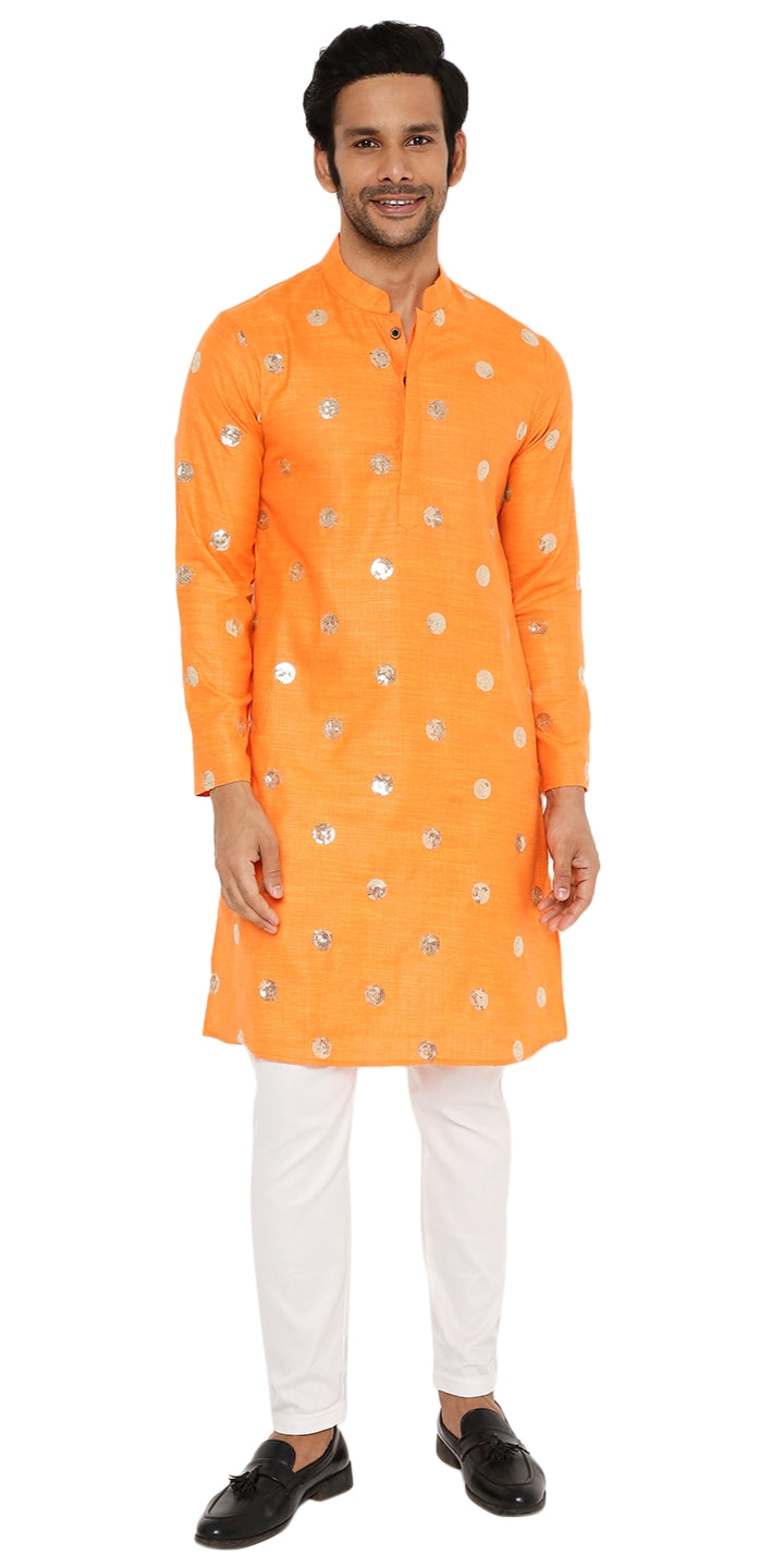 DARK SAFFRON COTTON KURTA PYJAMA SET WITH POLKA SEQUINS DESIGN