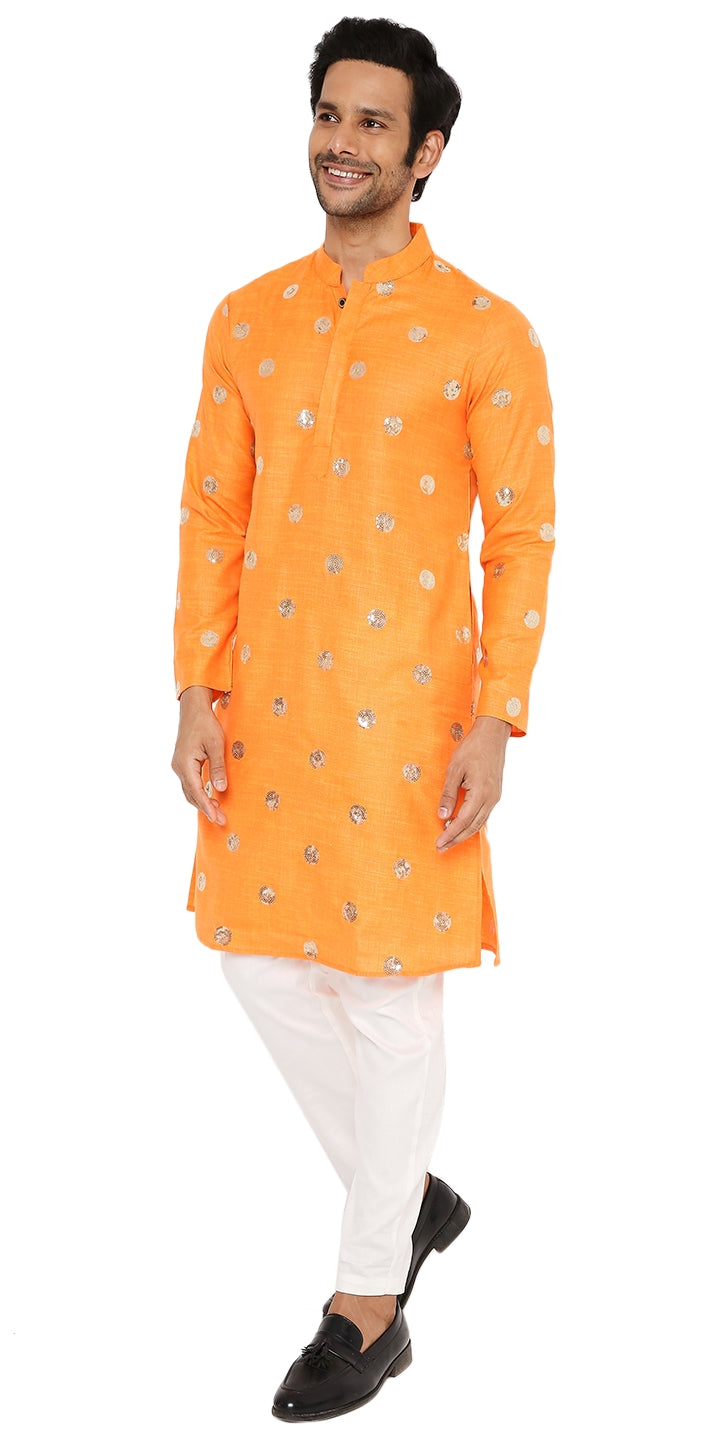 DARK SAFFRON COTTON KURTA PYJAMA SET WITH POLKA SEQUINS DESIGN