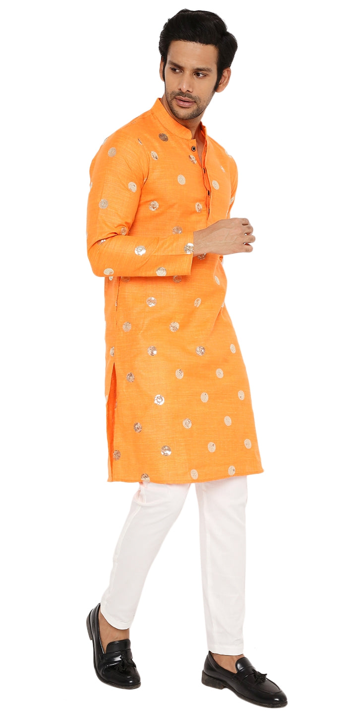 DARK SAFFRON COTTON KURTA PYJAMA SET WITH POLKA SEQUINS DESIGN