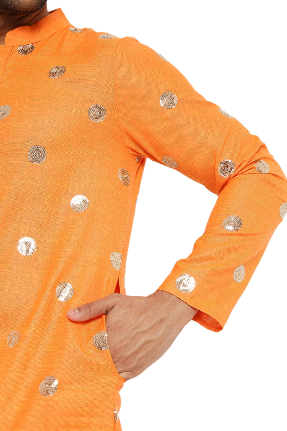 DARK SAFFRON COTTON KURTA PYJAMA SET WITH POLKA SEQUINS DESIGN
