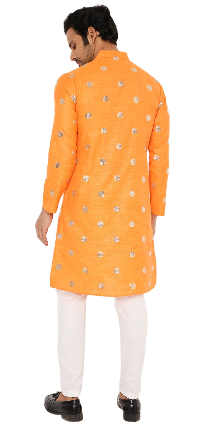DARK SAFFRON COTTON KURTA PYJAMA SET WITH POLKA SEQUINS DESIGN