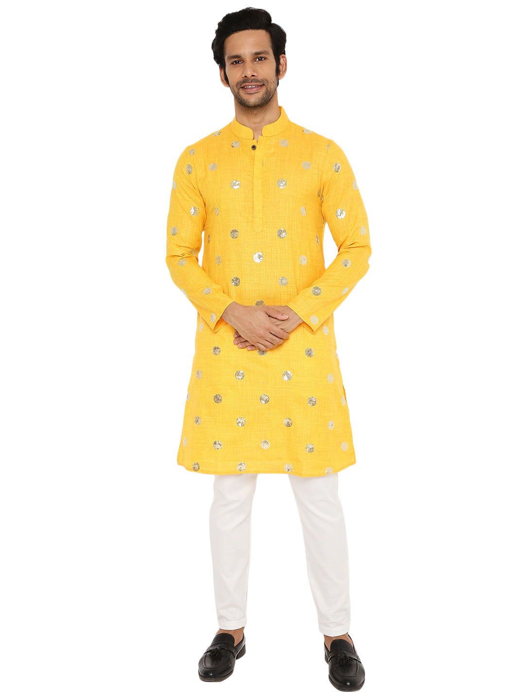 SUMMER YELLOW COTTON KURTA PYJAMA SET WITH POLKA SEQUINS DESIGN