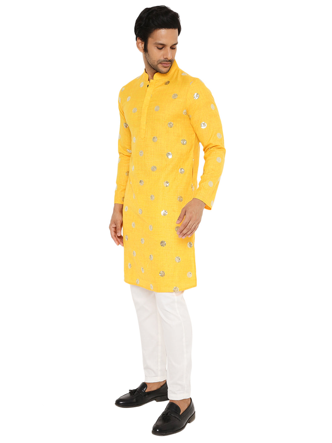 SUMMER YELLOW COTTON KURTA PYJAMA SET WITH POLKA SEQUINS DESIGN