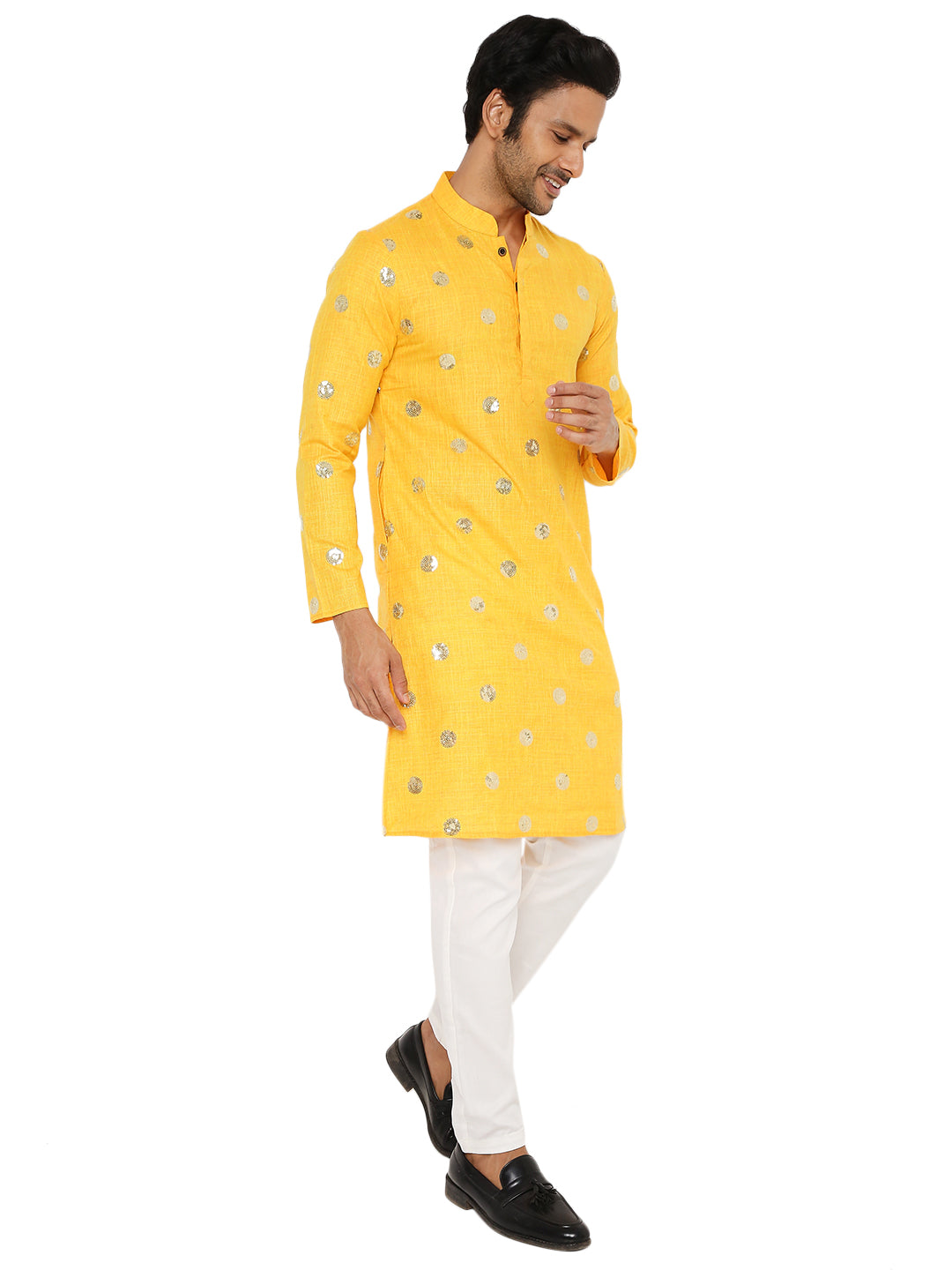 SUMMER YELLOW COTTON KURTA PYJAMA SET WITH POLKA SEQUINS DESIGN