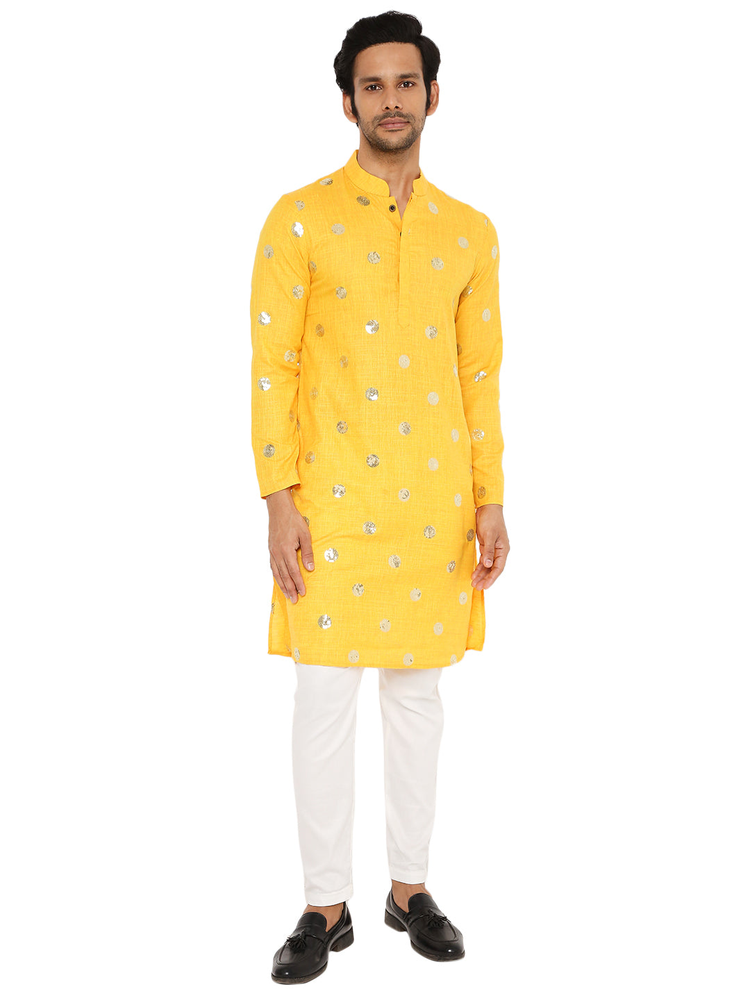 SUMMER YELLOW COTTON KURTA PYJAMA SET WITH POLKA SEQUINS DESIGN