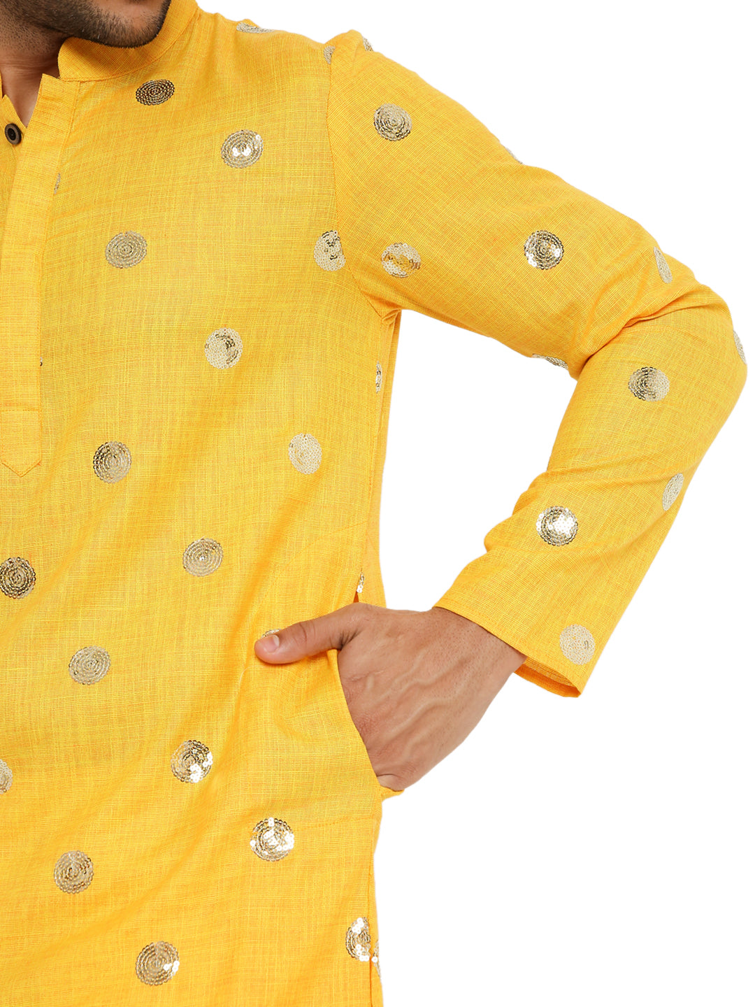 SUMMER YELLOW COTTON KURTA PYJAMA SET WITH POLKA SEQUINS DESIGN