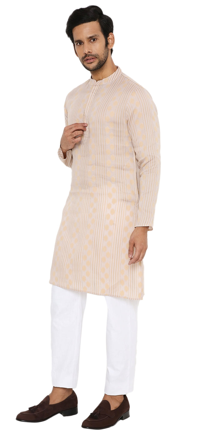BE DESI MEN COTTON BUTTA LAVENDER REGULAR FIT LONG KURTA