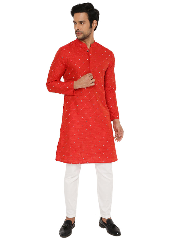 MATT RED KURTA PYJAMA SET WITH CHECKERED MIRROR ABLA EMBRIODERY