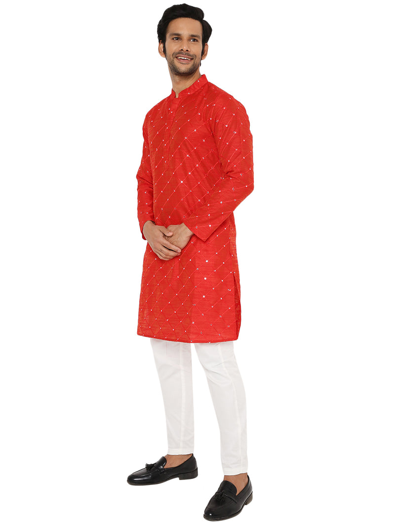 MATT RED KURTA PYJAMA SET WITH CHECKERED MIRROR ABLA EMBRIODERY