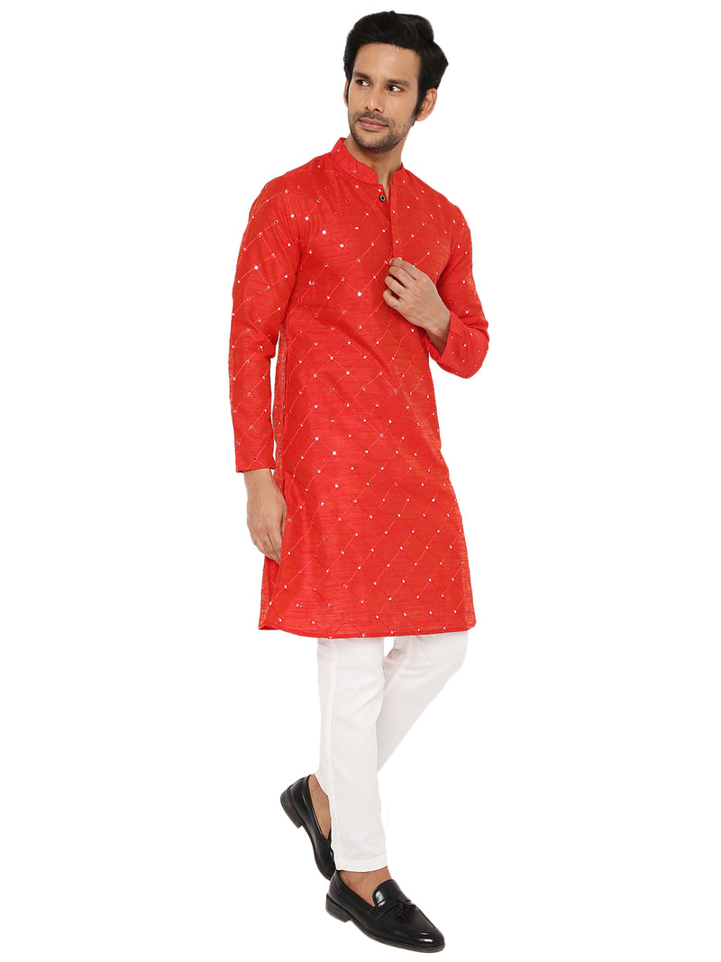 MATT RED KURTA PYJAMA SET WITH CHECKERED MIRROR ABLA EMBRIODERY
