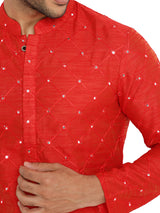 MATT RED KURTA PYJAMA SET WITH CHECKERED MIRROR ABLA EMBRIODERY