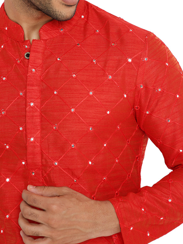 MATT RED KURTA PYJAMA SET WITH CHECKERED MIRROR ABLA EMBRIODERY