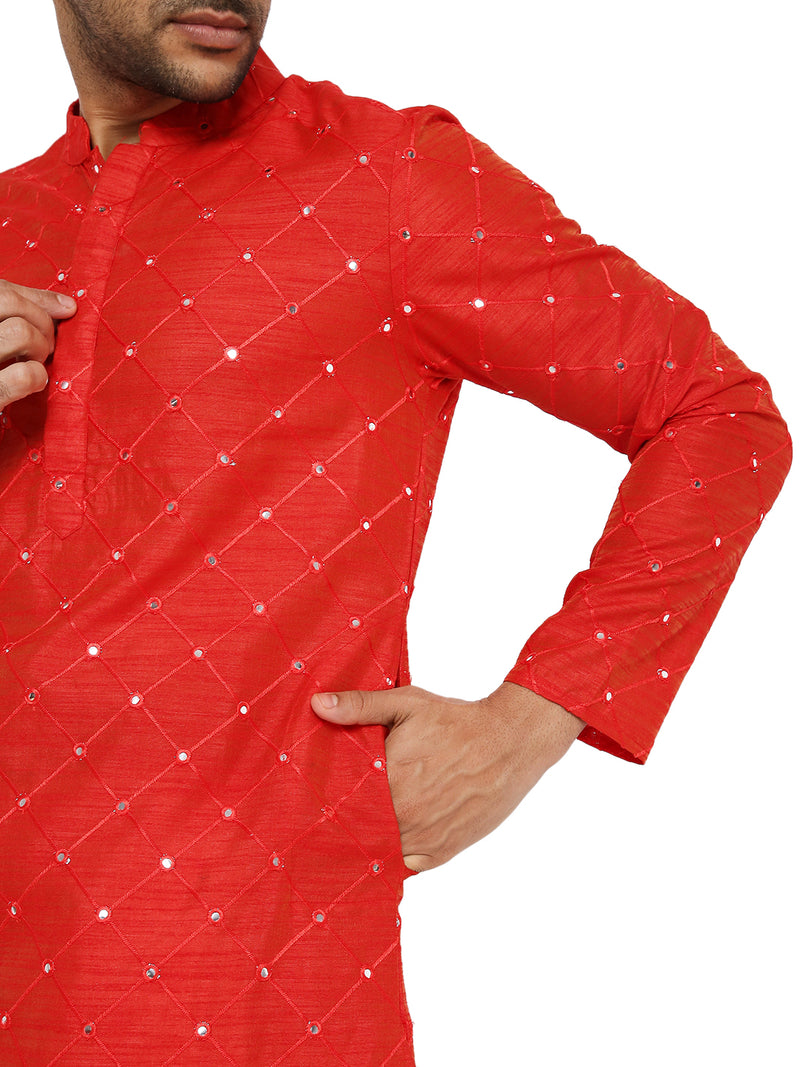MATT RED KURTA PYJAMA SET WITH CHECKERED MIRROR ABLA EMBRIODERY