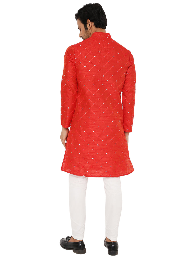 MATT RED KURTA PYJAMA SET WITH CHECKERED MIRROR ABLA EMBRIODERY