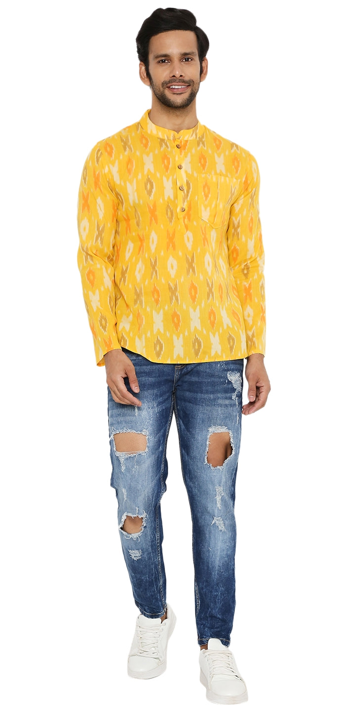 COTTON IKAT SLIM FIT YELLOW REGULAR FIT SHORT KURTA
