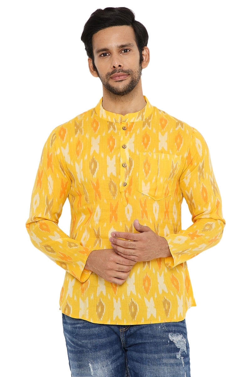 COTTON IKAT SLIM FIT YELLOW REGULAR FIT SHORT KURTA