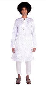 BE DESI MEN WHITE BUTTA DESIGN REGULAR FIT YOKE KURTA