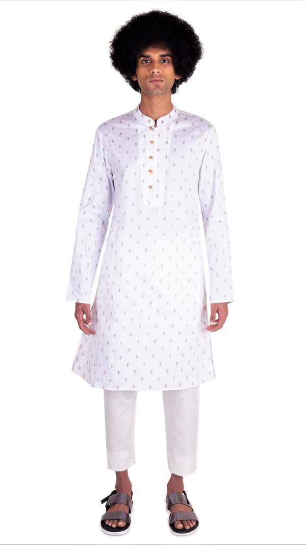 BE DESI MEN WHITE BUTTA DESIGN REGULAR FIT YOKE KURTA