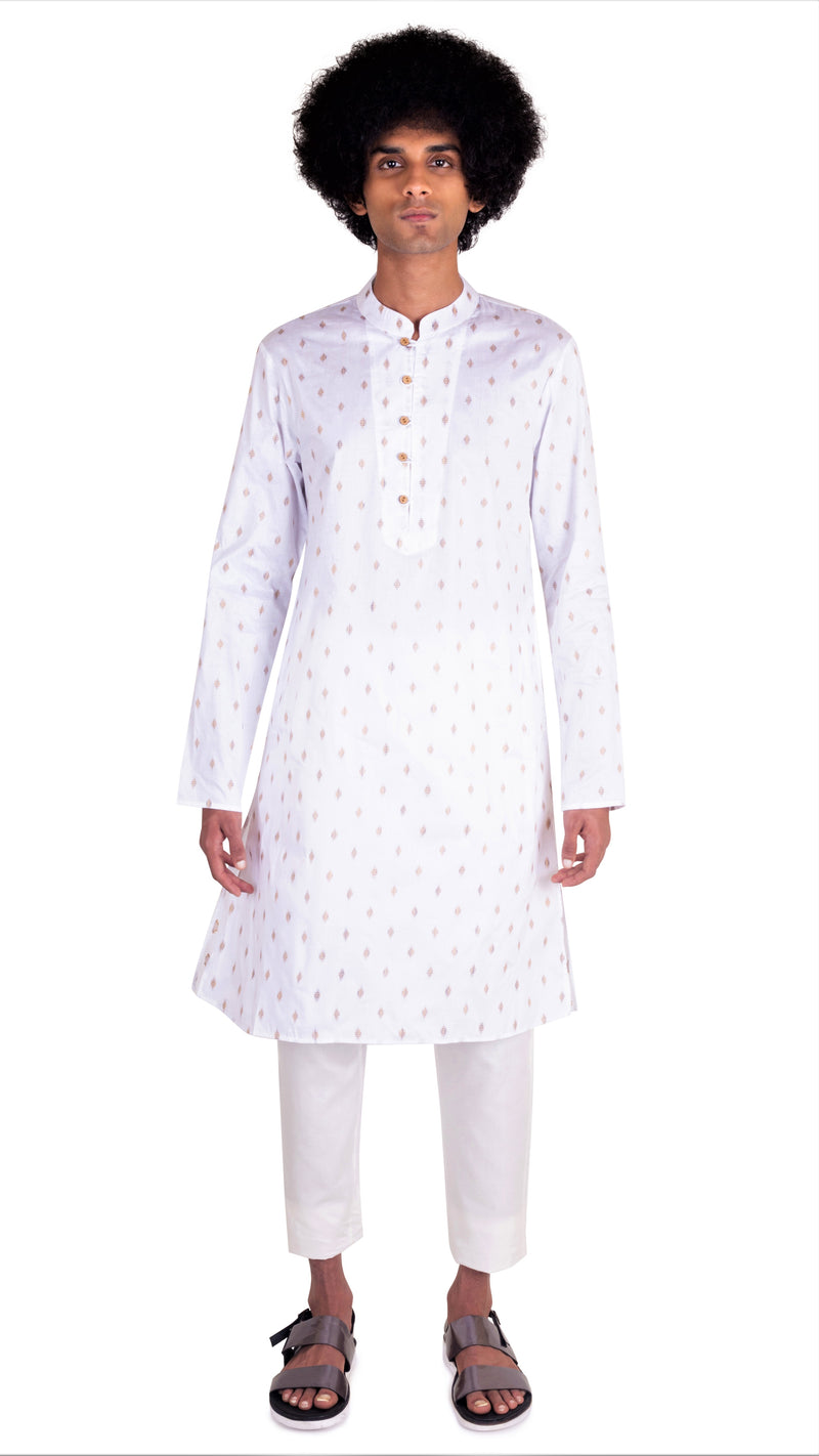 BE DESI MEN WHITE BUTTA DESIGN REGULAR FIT YOKE KURTA