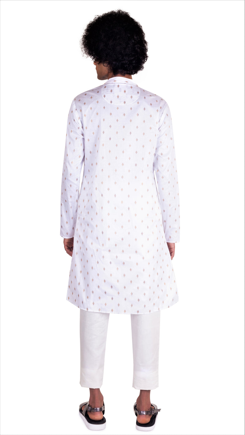 BE DESI MEN WHITE BUTTA DESIGN REGULAR FIT YOKE KURTA