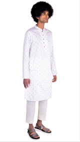 BE DESI MEN WHITE BUTTA DESIGN REGULAR FIT YOKE KURTA